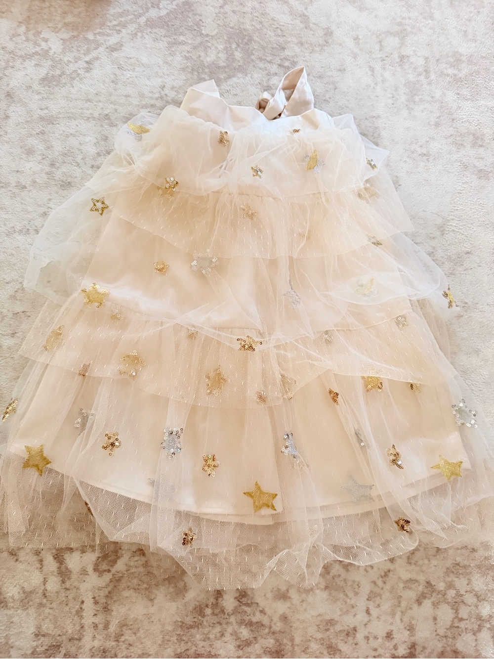 Girls' Cream Tulle Layered Star Appliqué Formal Dress